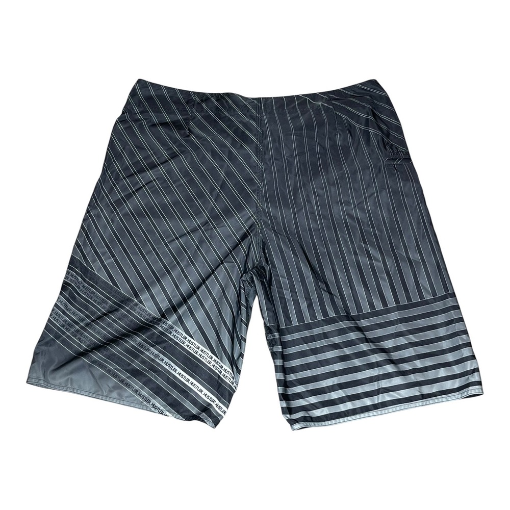 NEW Y2K Hustler Striped Board Shorts Black Grey Geometric Swim Trunks Mens 40 - Picture 2 of 5